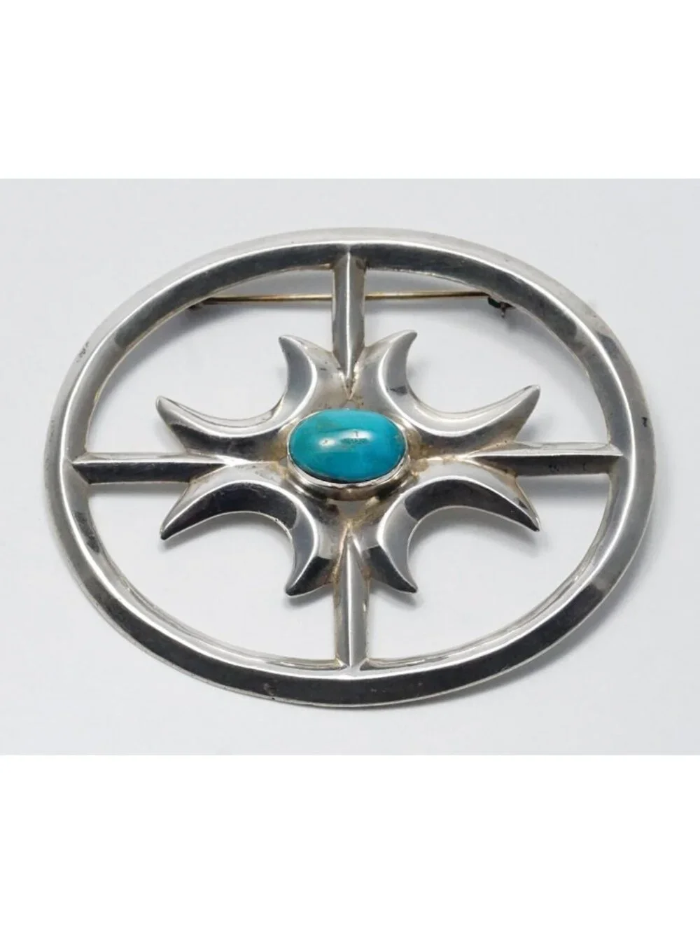 Vintage Navajo Sandcast Sterling Silver Turquoise Brooch, Old Pawn Southwest Pin